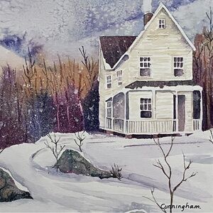 WINTER WATERCOLOR / Victorian House Amid Snow / DOUBLE MATTED To 15x18 / SIGNED